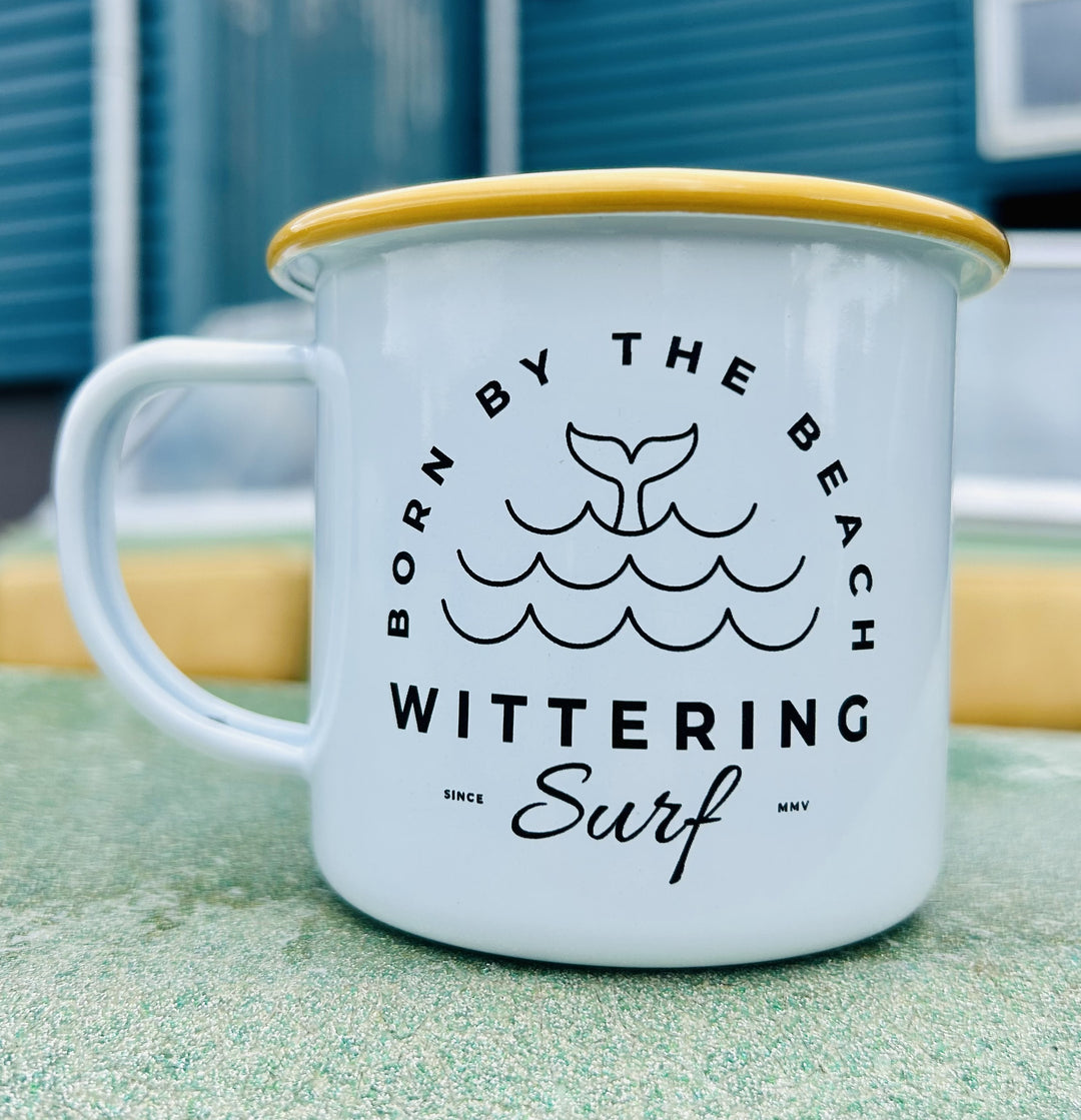 Born By The Beach Enamel Camping Mug - Yellow & White - Wittering Surf Shop