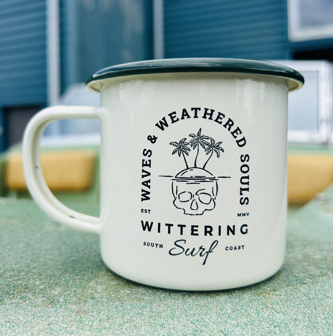 Waves & Weathered Souls Enamel Camping Mug - Green/Cream - Wittering Surf Shop