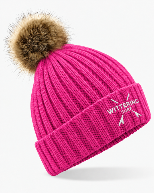 Embroidered No Fur Pom Pom Beanie - 2 Colours