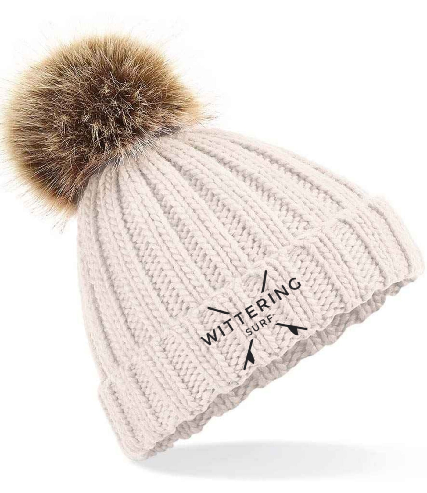 KIDS EMBROIDERED NO FUR POM POM BEANIE - 3 COLOURS