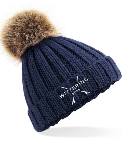 KIDS EMBROIDERED NO FUR POM POM BEANIE - 3 COLOURS