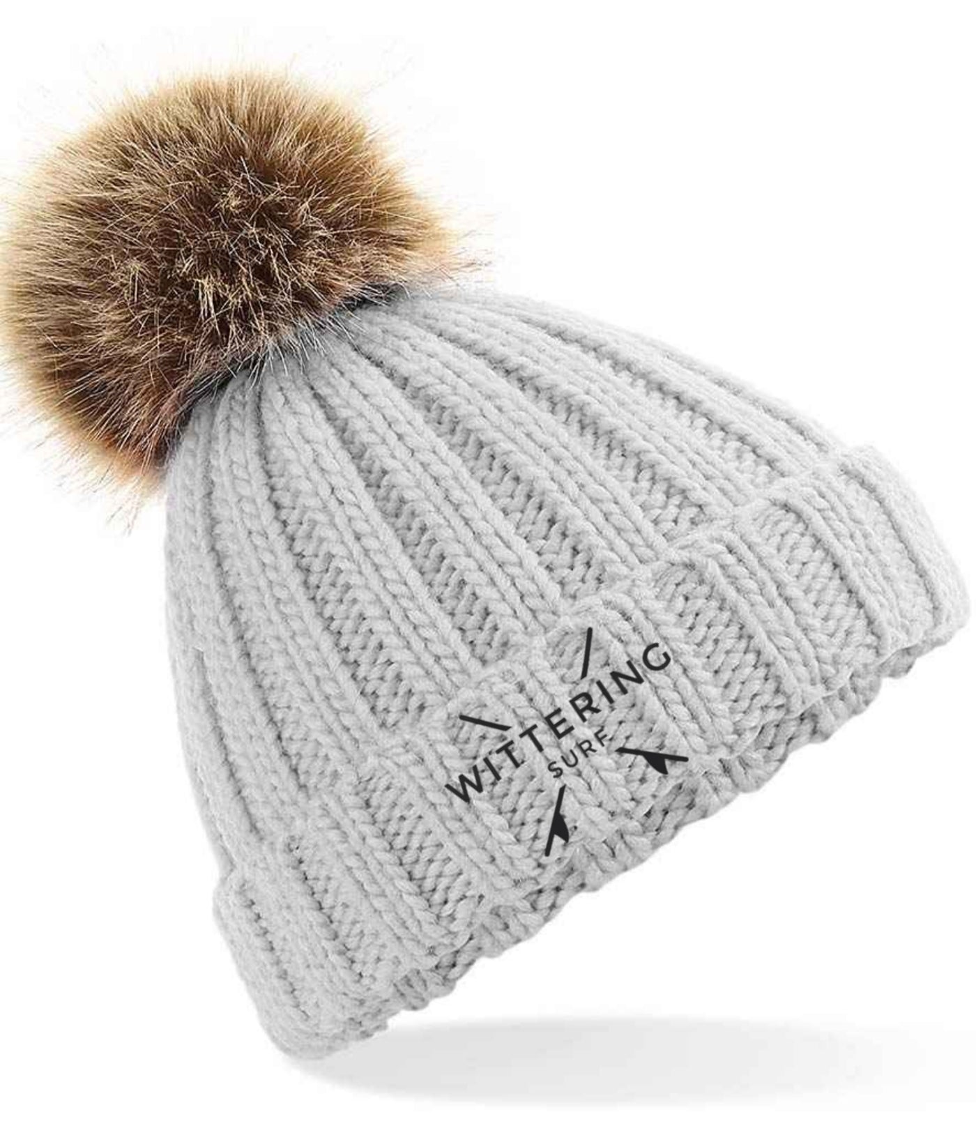 KIDS EMBROIDERED NO FUR POM POM BEANIE - 3 COLOURS