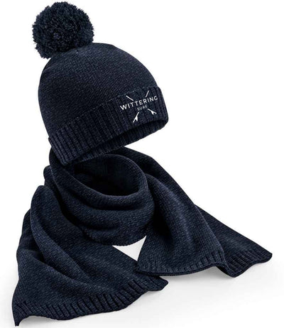 EMBROIDERED KNITTED WITTERING SURF SCARF AND HAT SET - 3 COLOUR OPTIONS