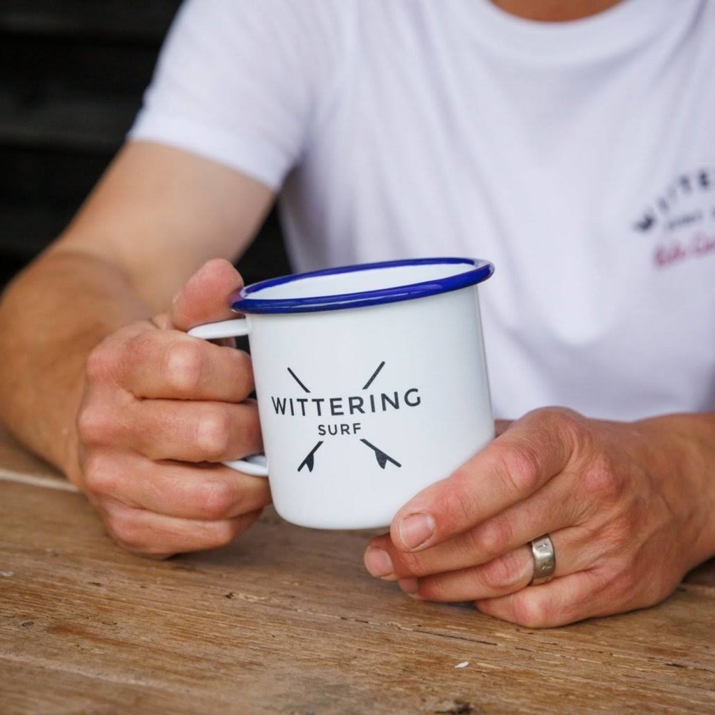 Wittering Surf Enamel Camping Mug - White/Blue - Wittering Surf Shop