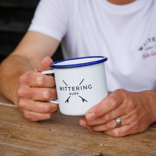Wittering Surf Enamel Camping Mug - White/Blue - Wittering Surf Shop