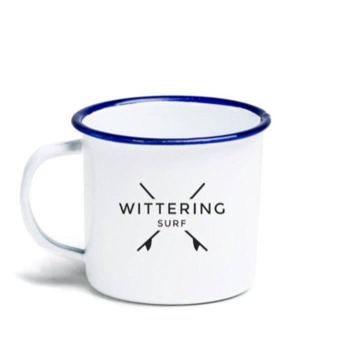 Wittering Surf Enamel Camping Mug - White/Blue - Wittering Surf Shop
