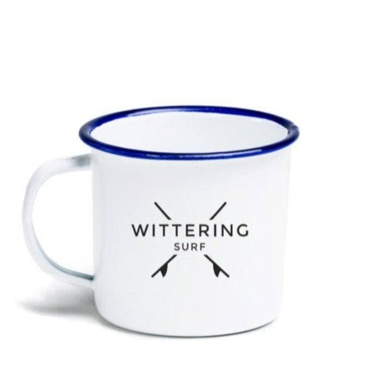 Wittering Surf Enamel Camping Mug - White/Blue - Wittering Surf Shop